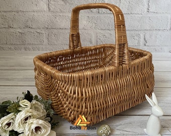 Wicker Shopping Basket, Rectangular Woven Basket with Handle, Willow Market Basket/Picnic, Handwoven Grocery Basket, Large Gathering Basket