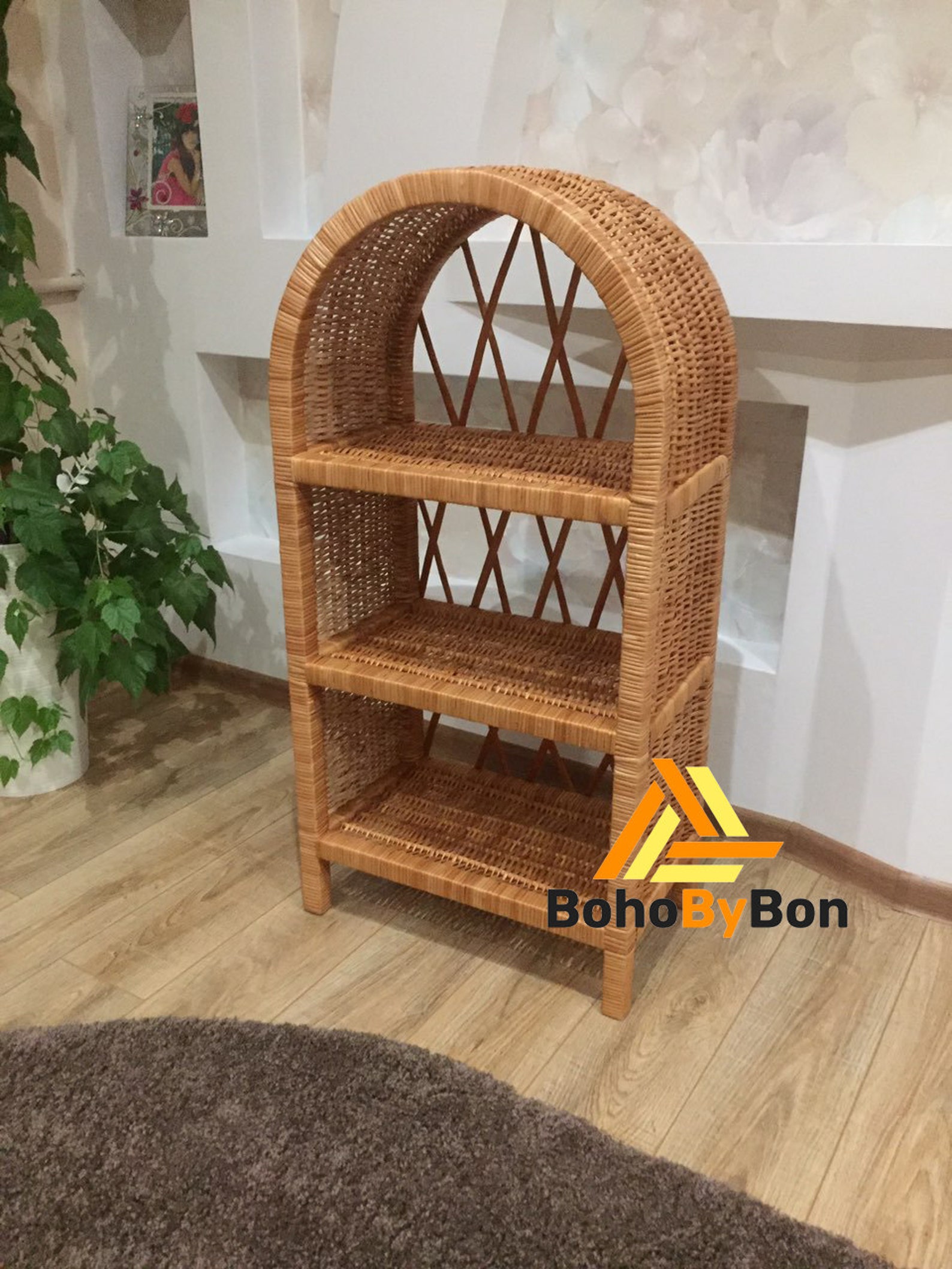 3tier Wicker Shelf With Arch Top Wicker Shelving Unit Wood Etsy