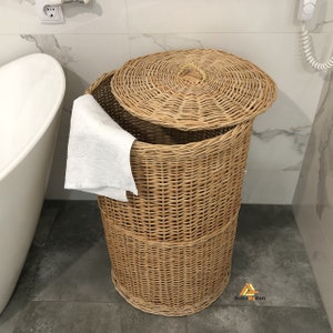 Tall Wicker Laundry Hamper, Large Wicker Laundry Basket, Wicker Bathroom Basket with Lid, Round Large Woven Basket for Laundry, Storage Bin