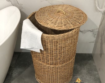 Grand panier à linge en osier, grand panier à linge en osier, panier de salle de bain en osier avec couvercle, grand panier tissé rond pour linge, bac de rangement