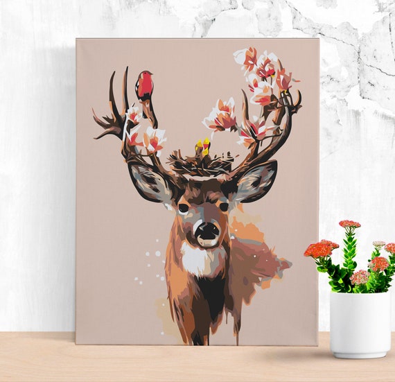 Deer Paint By Number Kit for Adults Floral Antler Diy Painting Etsy
