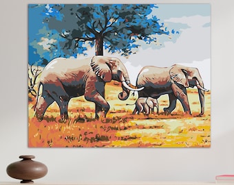 Elephants Paint By Number Kit for Adults African Safari Diy Painting Animal Art Painting On Canvas Paint Kit With Frame 15.75*19.69" YY0262