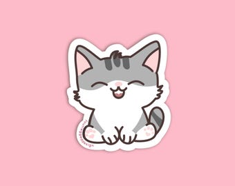 Gray Tabby Cat Sticker - Kawaii Cat Sticker - Vinyl Decal for Laptop & Water Bottle - Cat Mom Keepsake Gift - Sitting Pose
