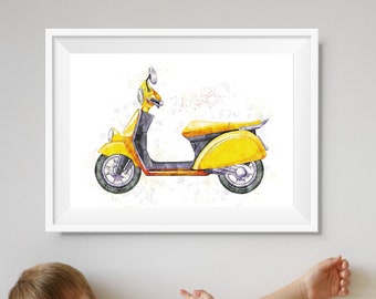 Stampa di scooter giallo: decorazione murale per cameretta dei bambini (download digitale)
