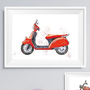Cartel de motocicletas red scooter, grabados de vehículos para niños, decoración para niños pequeños, sala de arte de pared kids imprimible art boys print nursery poster