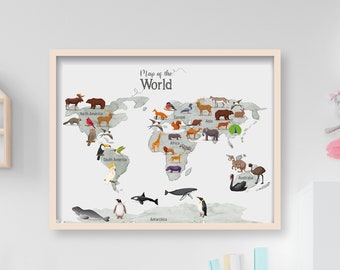 Animal World Map Poster, Printable Kids Map of the World, Nursery Print Home Decor, Playroom Decor, Educational Print, Digital Travel Art