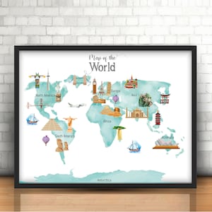 Sehenswürdigkeiten Karte der Welt Poster, downloadable Print Aquarell Montessori Pädagogisches Poster Kinderzimmer Lernen Malerei Wandkunst