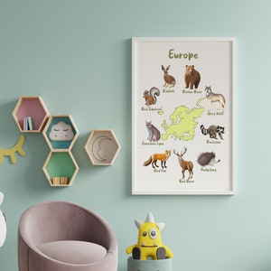 Europa Dier Afdrukbare Poster, Continenten Wereldkaart, Homeschool, Art Print voor kinderen, Speelkamer Klaslokaal Wall Decor, Kleuterschool Leren