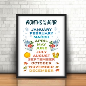 Maanden van het jaar Grafiek Afdrukbare Poster, Montessori Onderwijs, Kids Homeschool Resources, Kleuter print, Klaslokaal Kunst, Seizoenen Wall Decor