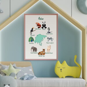 Azië Dier Afdrukbare Poster, Continenten Wereldkaart, Homeschool, Art Print voor Kinderen, Speelkamer Klaslokaal Wall Decor, Kleuterschool Leren