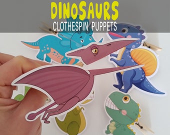 Dinosaur Clothespin Puppets Printable Toddler Animal Paper Toys, Montessori Paper Doll Game For Kids, DIY Paper Kit, Educational Metarials