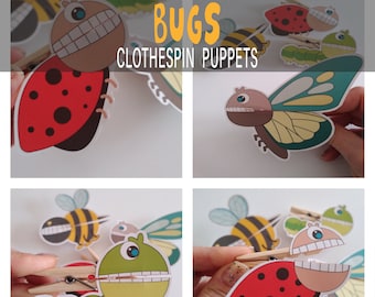 May include: A set of colorful bug puppets made from paper and clothespins. The puppets include a ladybug, a butterfly, a bee, and a caterpillar. The puppets are designed to be used with clothespins, which are not included.