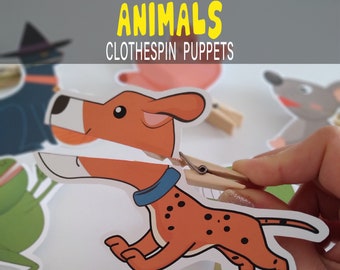 Op de afbeelding: Een set met dieren-klempoppen. De poppen zijn gedrukt op wit karton en tonen een hond, een kikker, een vogel en een muis. De poppen zijn ontworpen om te worden gebruikt met klemmen, die niet zijn inbegrepen.