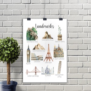 Poster di monumenti famosi nel mondo, stampe scaricabili, poster educativo Montessori per bambini, stanza per bambini apprendimento della scuola materna d'arte murale
