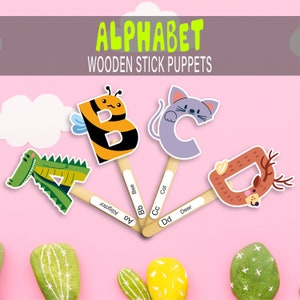 ALFABETO Títeres de animales, Tarjeta ABC imprimible, Actividad preescolar de jardín de infantes, Juguetes de aula de educación en el hogar para la escuela primaria, Descarga instantánea