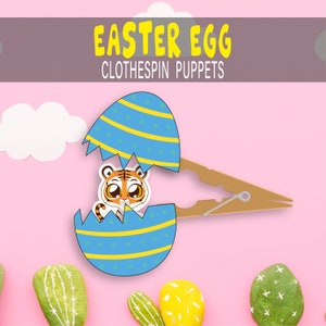 May include: A printable Easter egg craft for kids. The craft features a tiger peeking out of a blue and yellow striped egg. The egg is attached to a wooden clothespin.