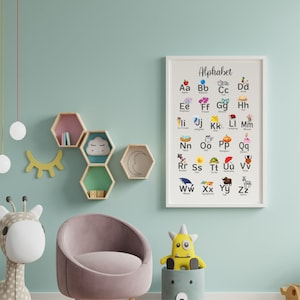 Póster del alfabeto, Impresión educativa para niños, Póster ABC del aula preescolar, Aprendizaje Montessori, Arte de pared de la sala de juegos del dormitorio, Decoración del aprendizaje