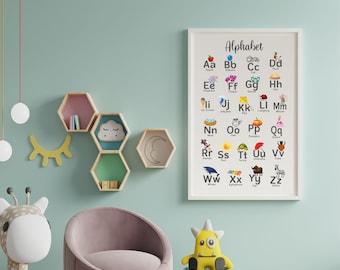 Alphabet Poster,  Educational Print For Kids, Preschool Classroom ABC Poster, Montessori Learning, Bedroom Playroom Wall art, Learning Decor