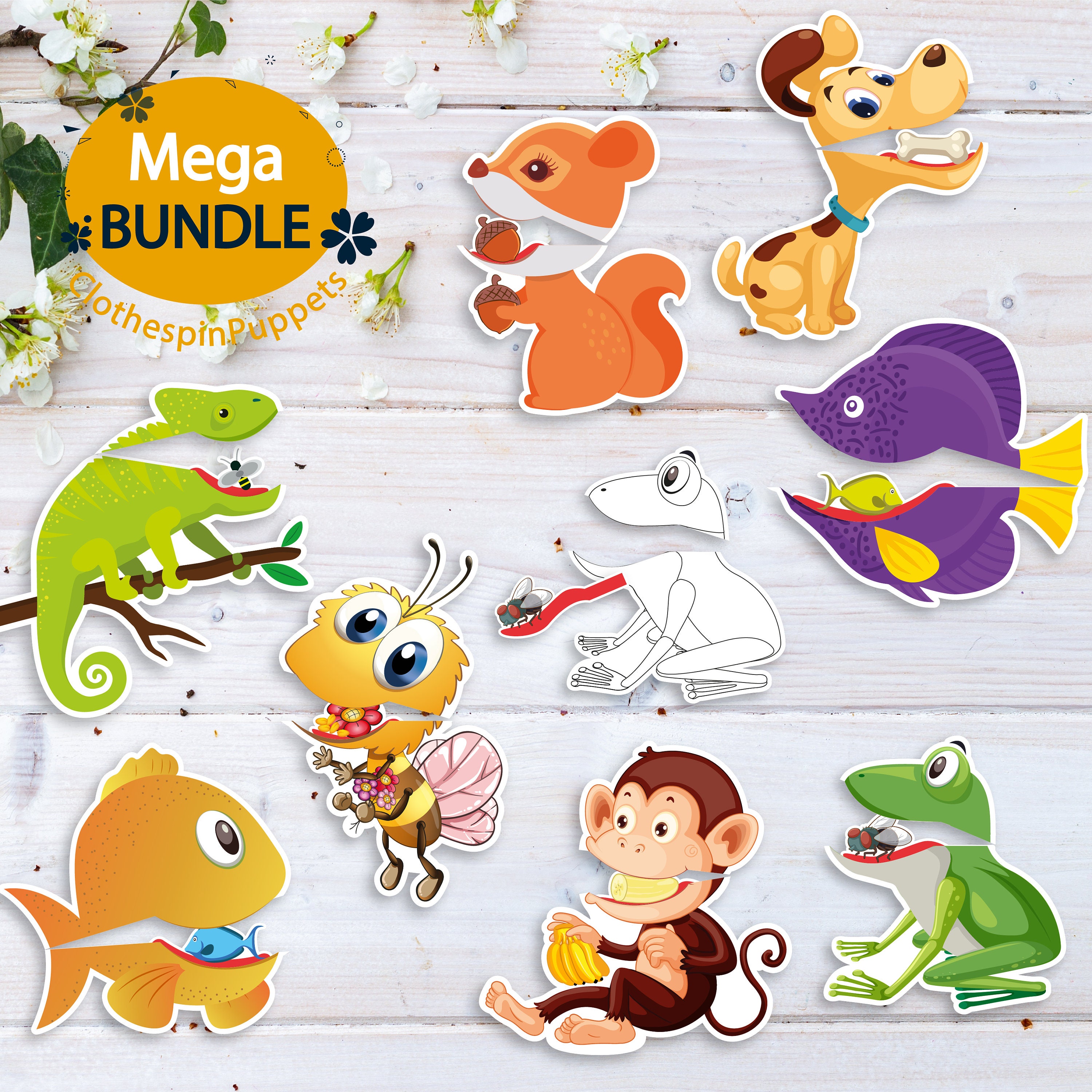 Animal Printable Clothespin Puppet Set, Paper Craft for Kids and Puppet ...