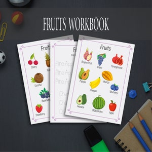 Fruits Worksheets, Printable Tracing Practice Workbook, Shadow Matching Game for Kids, Kindergarten, Preschool, Toddler Learning Binder, PDF