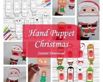 Marionetas de papel con personajes navideños: Página para colorear (Descarga digital)