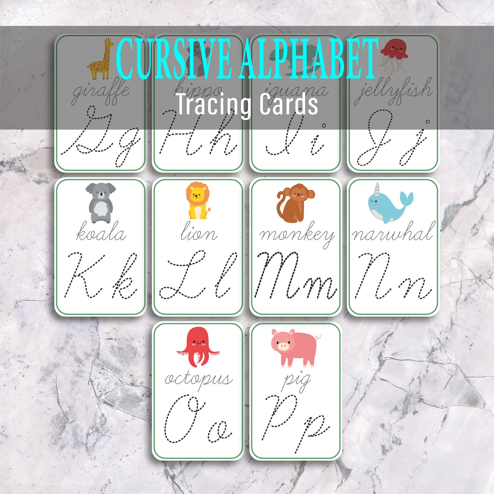Cursive alphabet tracing printable flash cards montessori toddler