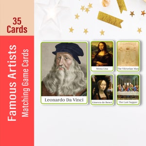 Tarjetas de juego de combinación de pintores famosos, juego de memoria, hoja de trabajo de artistas, páginas de libros ocupadas, actividad preescolar, juego de carpetas de archivos, aprendizaje de educación en casa
