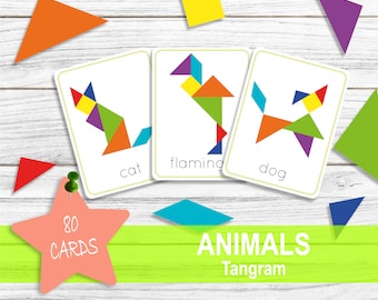 TANGRAM ANIMAL Printable Puzzles, Flash Cards, Montessori Toddler Cards For Kids, Early Learning Montessori Materials for Busy Book