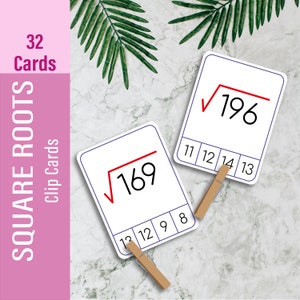 RAÍZES QUADRADAS (32 cartões) Clip Cards, cartões flash de matemática, livro ocupado para crianças imprimíveis, materiais educacionais Montessori para aprendizagem precoce