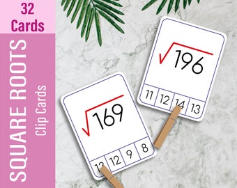 Square Roots Clip Cards: Math Flash Cards, Montessori Learning (PDF)