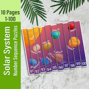 May include: A set of ten Solar System number sequence puzzles, each featuring a planet and a number from 91 to 100. The puzzles have a purple and orange gradient background with the text "Solar System Number Sequence Puzzles".