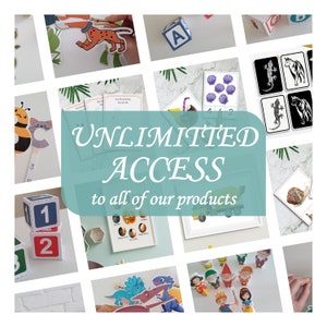 May include: A collage of images showcasing various educational resources for children, including alphabet blocks, number blocks, animal flashcards, and printable worksheets. The text "UNLIMITED ACCESS to all of our products" is displayed in a teal blue box.