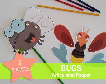 May include: A set of 8 articulated bug puppets. The puppets are made of paper and have colorful designs. The puppets are attached to sticks, which are used to move the puppets. The puppets are perfect for storytelling or imaginative play.