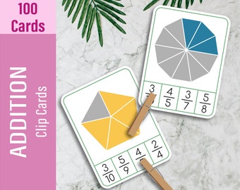 FRACTIONS (54 Cards) Clip Cards, Math Flash Cards, Printable Toddler Busy Book For Kids, Educational Early Learning Montessori Materials