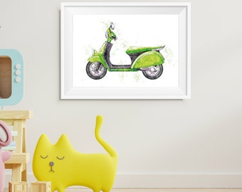 Stampa di scooter verde: decorazione murale per cameretta dei bambini (download digitale)
