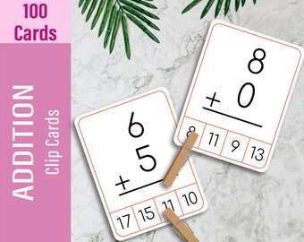 ADDITION (100 Cards) Clip Cards, Math Flash Cards, Printable Toddler Busy Book For Kids, Educational Early Learning Montessori Materials