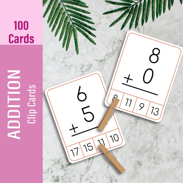 ADDITION (100 Cards) Clip Cards, Math Flash Cards, Printable Toddler Busy Book For Kids, Educational Early Learning Montessori Materials