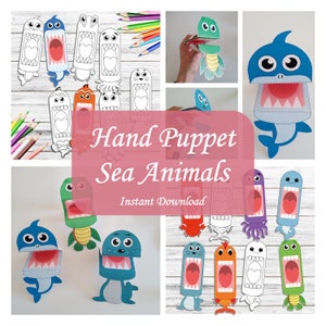 Burattini a mano stampabili in carta con animali marini, download istantaneo, pagina da colorare, taglia e crea, artigianato giocattolo per bambini, regalo per bambini file digitale, fai da te