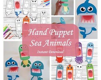 Sea Animal Paper Printable Hand Puppets, Instant Download, Coloring Page, Cut and Create, Kids Toy Craft, Gift for Kids Digital File, DIY