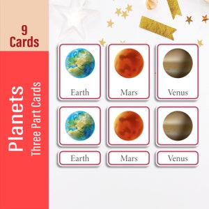 PLANETS Sistema Solar Tarjetas flash de tres partes, Espacio preescolar para niños pequeños Montessori imprimible, Recursos de aprendizaje para la enseñanza, Tarjetas de nomenclatura