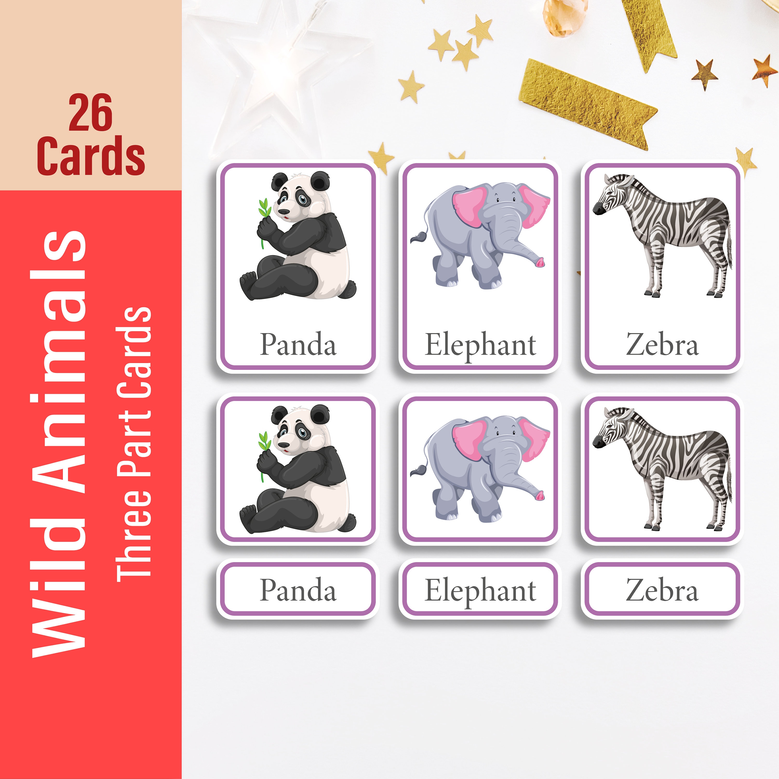 wild animals three part flash cards printable digital jungle etsy