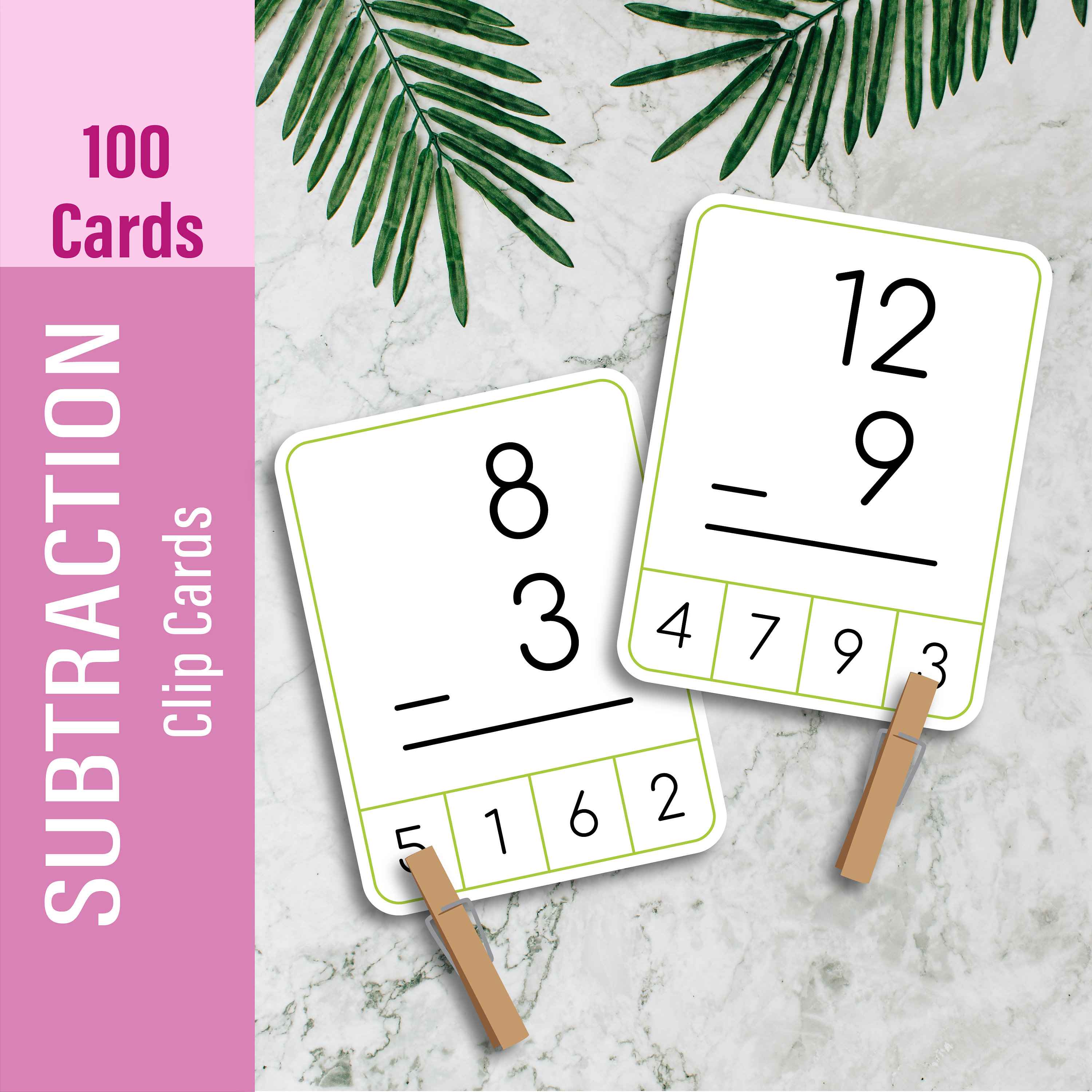 SUBTRACTION (100 Cards) Clip Cards, Math Flash Cards, Printable Toddler Busy Book For Kids, Educational Early Learning Montessori Materials