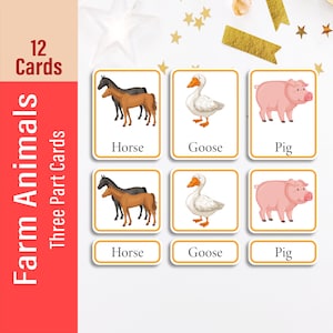 Farm Animals Three Part Flash Cards, Printable Download, Homeschooling , Educational Game, Preschool Toys, Montessori Materials for kids