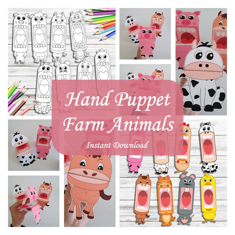 Farm Animal Paper Printable Hand Puppets, Instant Download, Coloring Page, Cut and Create, Kids Toy Craft, Gift for Kids, Digital File, DIY image 1