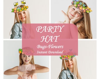 Paper Flower and Bug Printable Crown Kids Crafts Hats, flower headband birthday crown, preschool crafts activities, Paper hats for kids