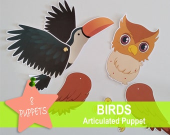 BIRD Articulated Puppets Printable Paper Doll Toddler Busy Book, Montessori Paper Craft Game, Early Learning Montessori Materials