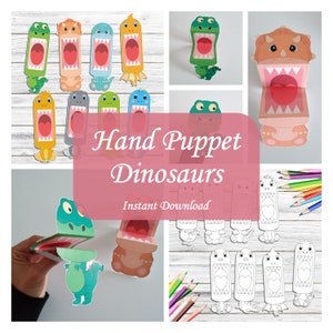 May include: Printable hand puppet dinosaur craft set. Includes 8 colorful dinosaur puppets with open mouths and 4 black and white dinosaur puppets to color.  The text "Hand Puppet Dinosaurs" and "Instant Download" is on the image.