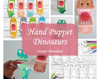 Dinosaur Paper Hand Puppets: Kids' Craft Coloring Page (Digital File)