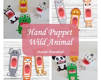 Wild Animal Paper Printable Hand Puppet, Instant Download, Coloring Page, Cut and Create, Kids Toy Craft, Gift for Kids, Digital File, DIY
