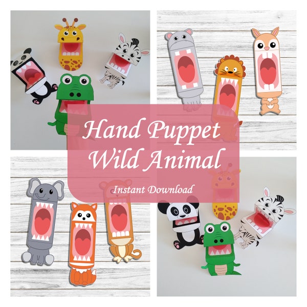 Wild Animal Paper Printable Hand Puppet, Instant Download, Coloring Page, Cut and Create, Kids Toy Craft, Gift for Kids, Digital File, DIY